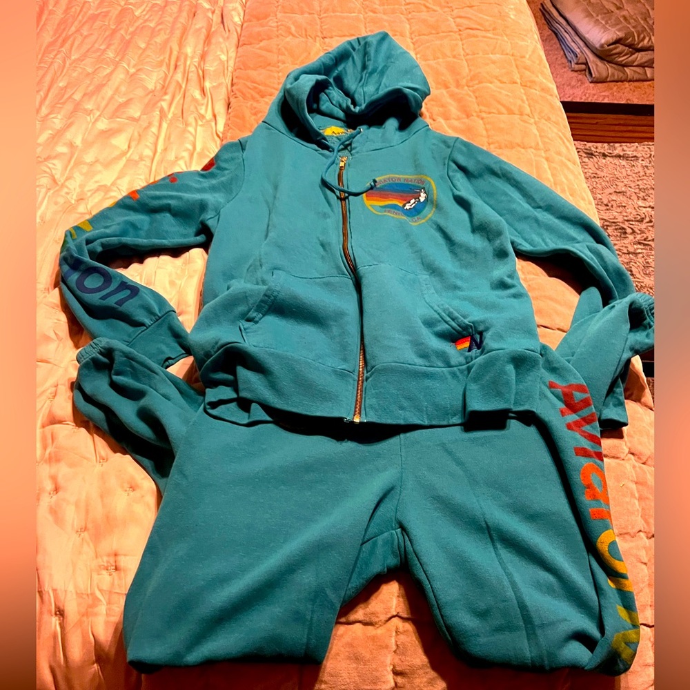 Aviator Nation Turquoise Sweatpants Sweatshirt Set Size Medium